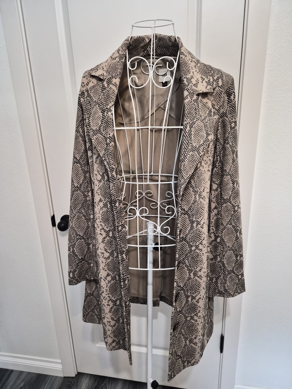 CAbi Snake-Print Trench Coat in Beige and Black
